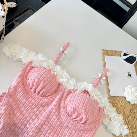 Miu Miu Pink Ruffle One-Piece Swimsuit with Floral Trim - Picture 3 of 10